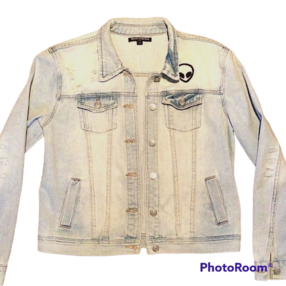 Alien Face Patch Distressed Denim Jacket - image 1